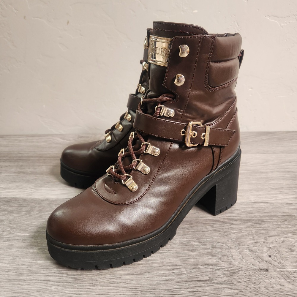 Guess  Brown Boots Size 9 Faux Leather Lace‎ Up Gold Buckle Chunky Heel Combat